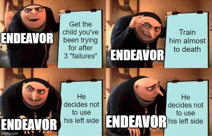 An MHA meme thing | Get the child you've been trying for after 3 "failures"; Train him almost to death; ENDEAVOR; ENDEAVOR; He decides not to use his left side; He decides not to use his left side; ENDEAVOR; ENDEAVOR | image tagged in memes,gru's plan | made w/ Imgflip meme maker