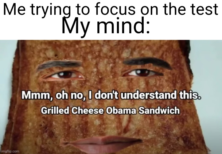 The best food in the world doesn't exi... | Me trying to focus on the test; My mind: | image tagged in grilled cheese obama sandwich,why are you reading the tags | made w/ Imgflip meme maker