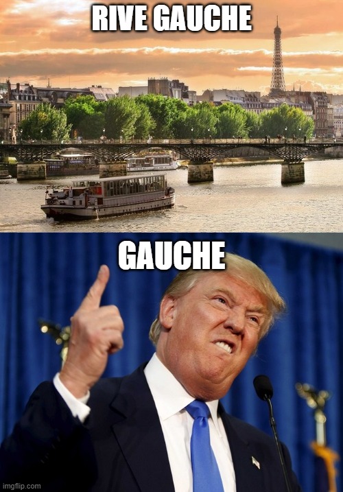 Rive Gauche versus Gauche - Bank On It | RIVE GAUCHE; GAUCHE | image tagged in left bank,paris,rive gauche,donald trump,gauche,trump sucks | made w/ Imgflip meme maker