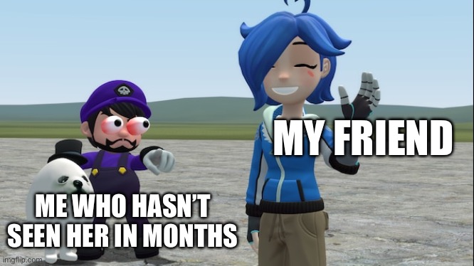 Me seeing a friend | MY FRIEND; ME WHO HASN’T SEEN HER IN MONTHS | image tagged in smg4,smg3,eggdog,pointing,tari | made w/ Imgflip meme maker