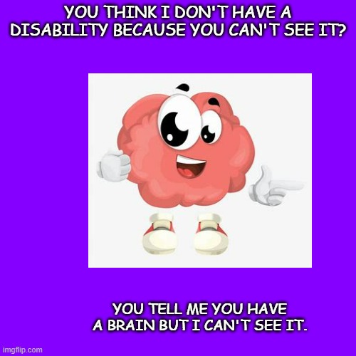 Invisible disability | YOU THINK I DON'T HAVE A DISABILITY BECAUSE YOU CAN'T SEE IT? YOU TELL ME YOU HAVE A BRAIN BUT I CAN'T SEE IT. | image tagged in chronic illness,fibromyalgia,funny | made w/ Imgflip meme maker