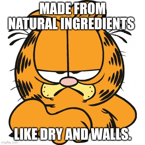 Garfield | MADE FROM NATURAL INGREDIENTS LIKE DRY AND WALLS. | image tagged in garfield | made w/ Imgflip meme maker