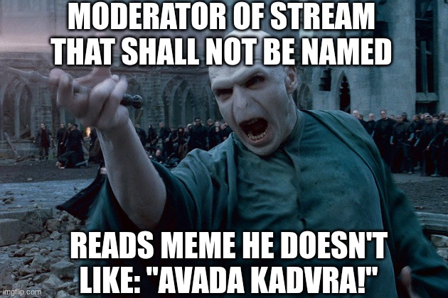 Valdemort | MODERATOR OF STREAM THAT SHALL NOT BE NAMED READS MEME HE DOESN'T LIKE: "AVADA KADVRA!" | image tagged in valdemort | made w/ Imgflip meme maker