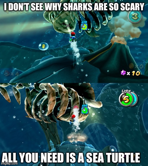 I do fear the ocean but I would be less scared if it was like a Mario level | I DON’T SEE WHY SHARKS ARE SO SCARY; ALL YOU NEED IS A SEA TURTLE | image tagged in mario | made w/ Imgflip meme maker