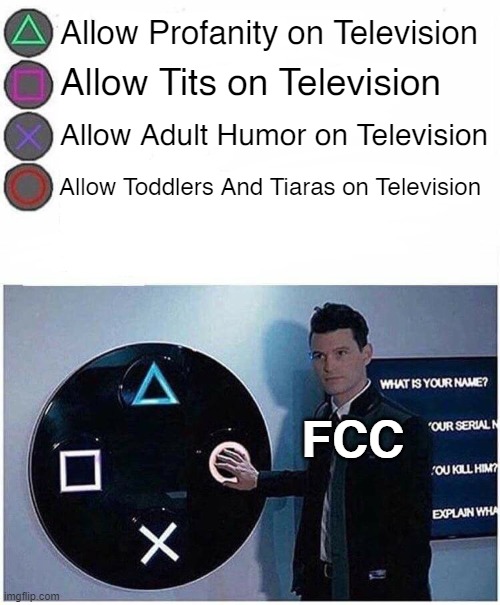 What kind of government allows this? | Allow Profanity on Television; Allow Tits on Television; Allow Adult Humor on Television; Allow Toddlers And Tiaras on Television; FCC | image tagged in playstation button choices | made w/ Imgflip meme maker
