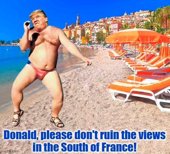 Donald Trump said he'd like to leave the U.S. and live overseas. “I could be relaxing in the South of France" | Donald, please don't ruin the views
in the South of France! | image tagged in donald trump,france,speedo | made w/ Imgflip meme maker
