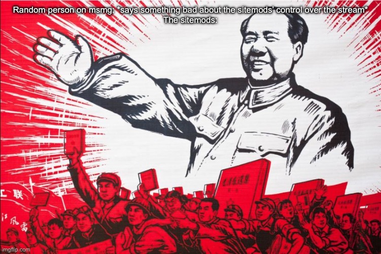I never really opposed the mods back there but are you sure the things we’re saying are harassment? | Random person on msmg: *says something bad about the sitemods’ control over the stream*
The sitemods: | image tagged in chairman mao propoganda poster meme | made w/ Imgflip meme maker