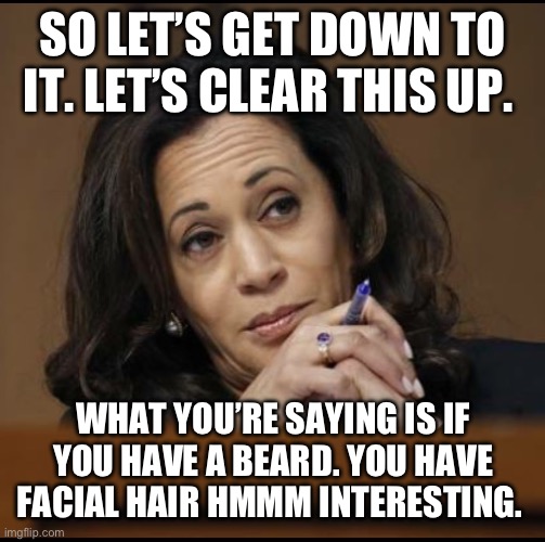 Kamala Harris  | SO LET’S GET DOWN TO IT. LET’S CLEAR THIS UP. WHAT YOU’RE SAYING IS IF YOU HAVE A BEARD. YOU HAVE FACIAL HAIR HMMM INTERESTING. | image tagged in kamala harris | made w/ Imgflip meme maker