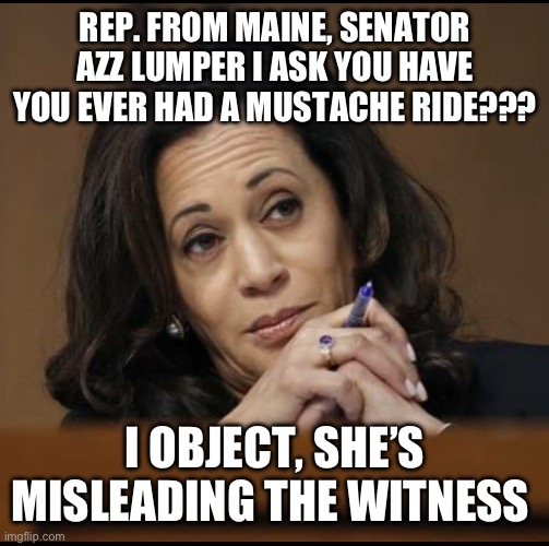 Kamala Harris  | REP. FROM MAINE, SENATOR AZZ LUMPER I ASK YOU HAVE YOU EVER HAD A MUSTACHE RIDE??? I OBJECT, SHE’S MISLEADING THE WITNESS | image tagged in kamala harris | made w/ Imgflip meme maker