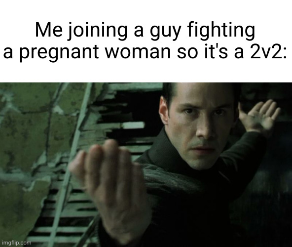 lets just make this fair... | Me joining a guy fighting a pregnant woman so it's a 2v2: | image tagged in neo martial art,aye fair enough,funny,fighting,pregnant woman,uh oh | made w/ Imgflip meme maker