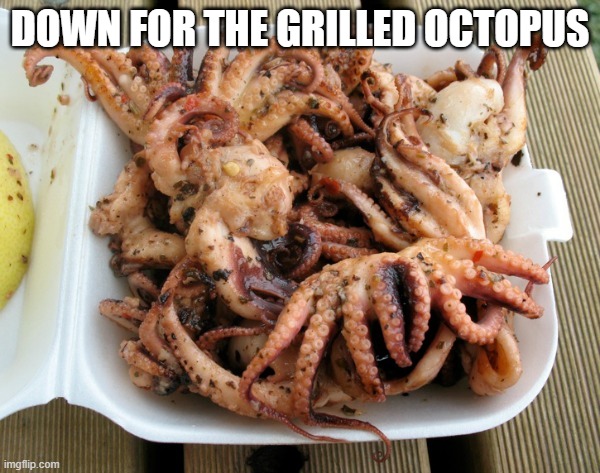 Tentacles | DOWN FOR THE GRILLED OCTOPUS | image tagged in food | made w/ Imgflip meme maker