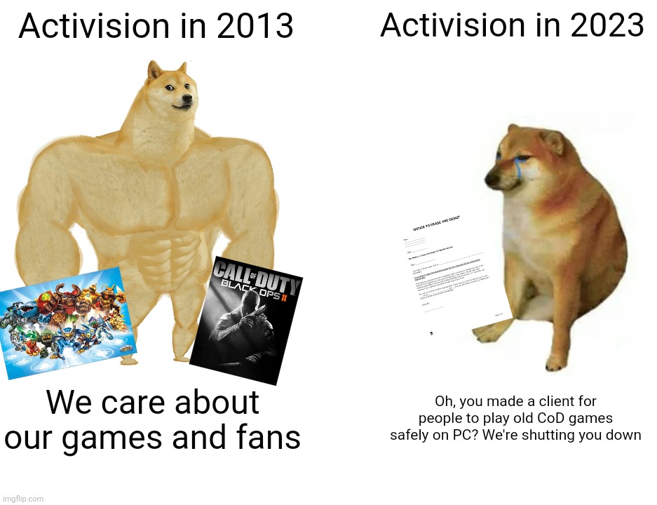 I really miss Skylanders ngl | Activision in 2013; Activision in 2023; We care about our games and fans; Oh, you made a client for people to play old CoD games safely on PC? We're shutting you down | image tagged in memes,buff doge vs cheems,activision,skylanders,call of duty | made w/ Imgflip meme maker