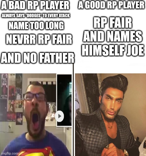 just joe | A BAD RP PLAYER; A GOOD RP PLAYER; ALWAYS SAYS *DODGES* TO EVERY ATACK; RP FAIR AND NAMES HIMSELF JOE; NAME TOO LONG; NEVRR RP FAIR; AND NO FATHER | image tagged in average fan vs average enjoyer,roblox,rp | made w/ Imgflip meme maker