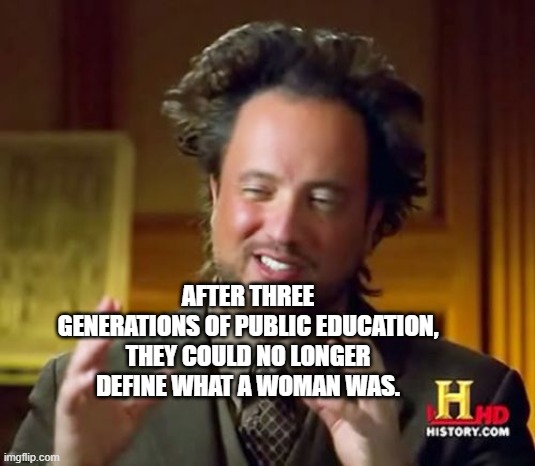 Aliens Guy | AFTER THREE GENERATIONS OF PUBLIC EDUCATION, THEY COULD NO LONGER DEFINE WHAT A WOMAN WAS. | image tagged in aliens guy | made w/ Imgflip meme maker