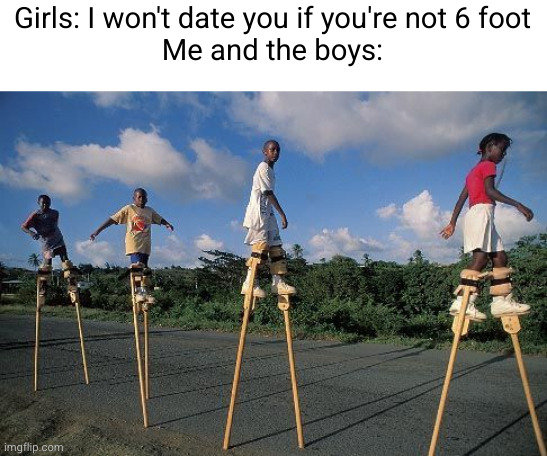 Meme #3,119 | Girls: I won't date you if you're not 6 foot
Me and the boys: | image tagged in memes,funny,girls,boys,height,smart | made w/ Imgflip meme maker