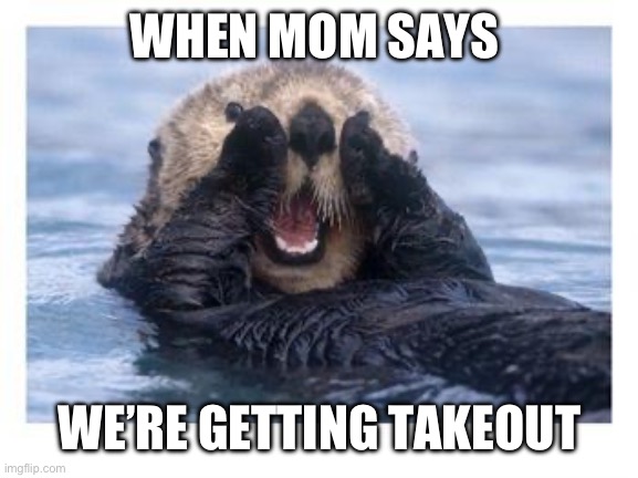 Excited Otter | WHEN MOM SAYS; WE’RE GETTING TAKEOUT | image tagged in excited otter | made w/ Imgflip meme maker