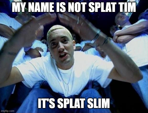 Real Slim Shady | MY NAME IS NOT SPLAT TIM; IT'S SPLAT SLIM | image tagged in real slim shady | made w/ Imgflip meme maker