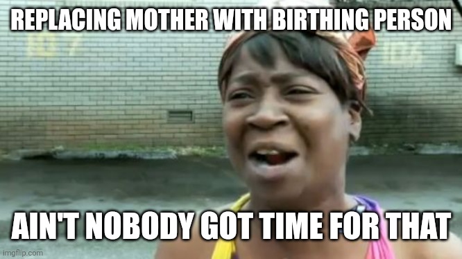 Ain't Nobody Got Time For That | REPLACING MOTHER WITH BIRTHING PERSON; AIN'T NOBODY GOT TIME FOR THAT | image tagged in memes,ain't nobody got time for that | made w/ Imgflip meme maker