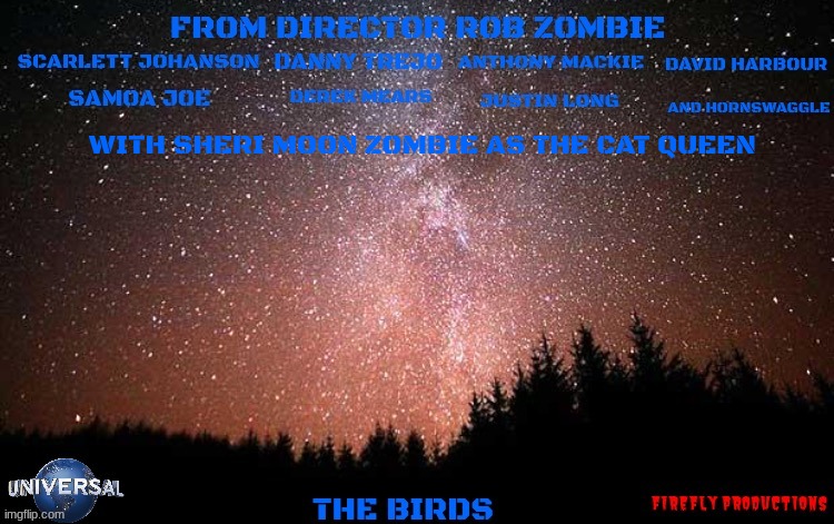 the birds remake concept art | WITH SHERI MOON ZOMBIE AS THE CAT QUEEN | image tagged in universal studios,remake,dark and gritty,horror | made w/ Imgflip meme maker