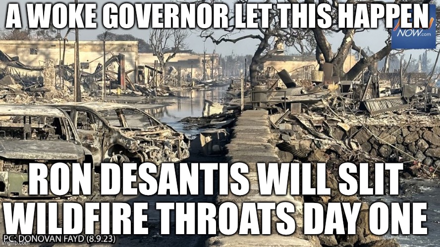 Woke Governor | A WOKE GOVERNOR LET THIS HAPPEN; RON DESANTIS WILL SLIT WILDFIRE THROATS DAY ONE | image tagged in woke,governor,government corruption,wildfires | made w/ Imgflip meme maker