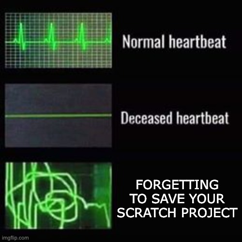 heartbeat rate | FORGETTING TO SAVE YOUR SCRATCH PROJECT | image tagged in heartbeat rate | made w/ Imgflip meme maker