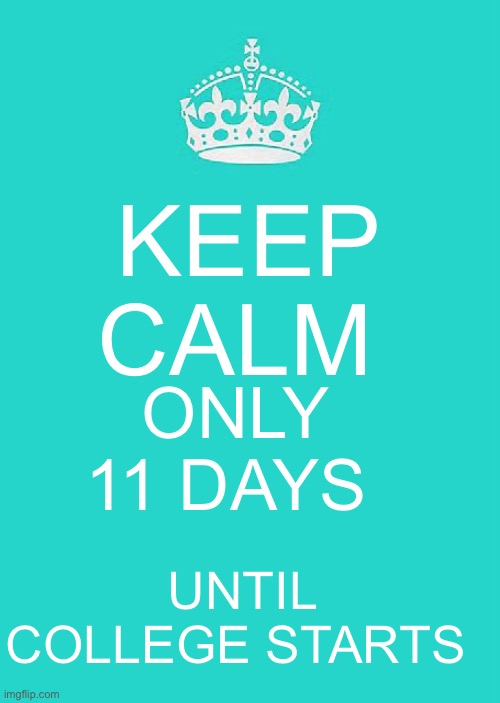Only 11 days until College starts | KEEP CALM; ONLY 11 DAYS; UNTIL COLLEGE STARTS | image tagged in memes,keep calm and carry on aqua | made w/ Imgflip meme maker