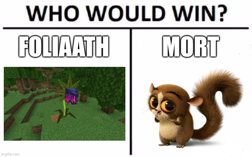 Minecraft carnivorous plant vs Mort the lemur | FOLIAATH; MORT | image tagged in memes,who would win | made w/ Imgflip meme maker