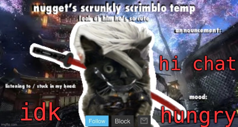 Nugget’s Scrunkly Scrimblo Temp | hi chat; idk; hungry | image tagged in nugget s scrunkly scrimblo temp | made w/ Imgflip meme maker
