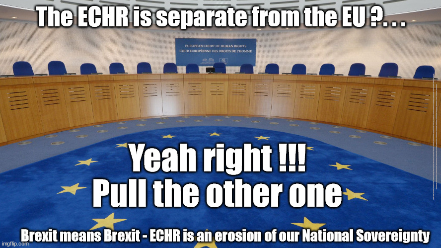 Brexit means Brexit - Is the ECHR an erosion of our National Sovereignty? | The ECHR is separate from the EU ?. . . Yeah right !!!
Pull the other one; #Immigration #Starmerout #Labour #JonLansman #wearecorbyn #KeirStarmer #DianeAbbott #McDonnell #cultofcorbyn #labourisdead #Momentum #labourracism #socialistsunday #nevervotelabour #socialistanyday #Antisemitism #Savile #SavileGate #Paedo #Worboys #GroomingGangs #Paedophile #IllegalImmigration #Immigrants #Invasion #StarmerResign #Starmeriswrong #SirSoftie #SirSofty #PatCullen #Cullen #RCN #nurse #nursing #strikes #SueGray #Blair #Steroids #Economy #ECHR #UKCHR; Brexit means Brexit - ECHR is an erosion of our National Sovereignty | image tagged in echr ukchr brexit,labourisdead,illegal immigration,stop boats rwanda,starmerout getstarmerout,greenpeace just stop oil | made w/ Imgflip meme maker