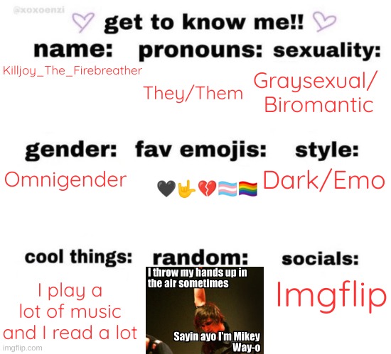 I have discord, but I'm not super active. | Killjoy_The_Firebreather; Graysexual/ 
Biromantic; They/Them; Omnigender; Dark/Emo; 🖤🤟💔🏳️‍⚧️🏳️‍🌈; I play a lot of music and I read a lot; Imgflip | image tagged in get to know me,mikey way | made w/ Imgflip meme maker