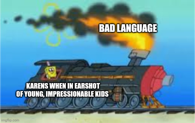 Why do Karens wait until they know kids can hear them, to cuss??? | BAD LANGUAGE; KARENS WHEN IN EARSHOT OF YOUNG, IMPRESSIONABLE KIDS | image tagged in spongebob driving the oceanic express | made w/ Imgflip meme maker