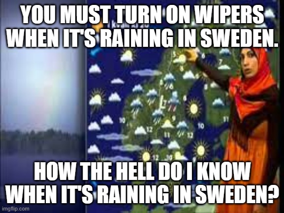 meme by Brad turn on wipers in Sweden | YOU MUST TURN ON WIPERS WHEN IT'S RAINING IN SWEDEN. HOW THE HELL DO I KNOW WHEN IT'S RAINING IN SWEDEN? | image tagged in driving | made w/ Imgflip meme maker