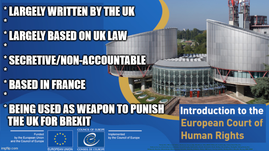 Brexit means Brexit - Is the ECHR an erosion of the UK's National Sovereignty? | * LARGELY WRITTEN BY THE UK
*
* LARGELY BASED ON UK LAW
*
* SECRETIVE/NON-ACCOUNTABLE
*
* BASED IN FRANCE
*
* BEING USED AS WEAPON TO PUNISH 
  THE UK FOR BREXIT; #Immigration #Starmerout #Labour #JonLansman #wearecorbyn #KeirStarmer #DianeAbbott #McDonnell #cultofcorbyn #labourisdead #Momentum #labourracism #socialistsunday #nevervotelabour #socialistanyday #Antisemitism #Savile #SavileGate #Paedo #Worboys #GroomingGangs #Paedophile #IllegalImmigration #Immigrants #Invasion #StarmerResign #Starmeriswrong #SirSoftie #SirSofty #PatCullen #Cullen #RCN #nurse #nursing #strikes #SueGray #Blair #Steroids #Economy #ECHR #UKCHR | image tagged in echr ukchr brexit,illegal immigration,labourisdead,starmerout getstarmerout,stop boats rwanda,greenpeace just stop oil | made w/ Imgflip meme maker