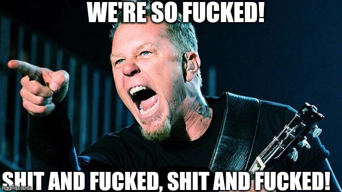 Metallica James Hetfield | WE'RE SO FUCKED! SHIT AND FUCKED, SHIT AND FUCKED! | image tagged in metallica james hetfield | made w/ Imgflip meme maker