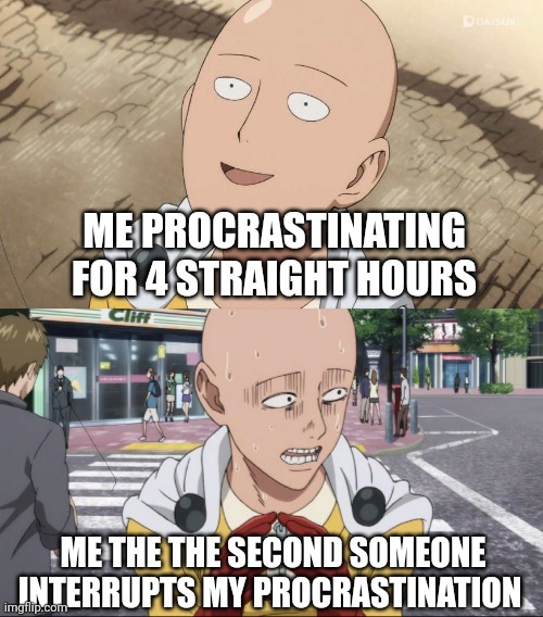 ME PROCRASTINATING FOR 4 STRAIGHT HOURS; ME THE THE SECOND SOMEONE INTERRUPTS MY PROCRASTINATION | made w/ Imgflip meme maker