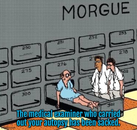 Morgue | The medical examiner who carried out your autopsy has been sacked. | image tagged in medical examiner,carried out autopsy,has been sacked,comics | made w/ Imgflip meme maker