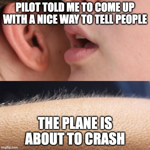 Airy Nightmarish Landing | PILOT TOLD ME TO COME UP WITH A NICE WAY TO TELL PEOPLE; THE PLANE IS ABOUT TO CRASH | image tagged in whisper and goosebumps,aviation,airplane,pilot,plane,airport | made w/ Imgflip meme maker