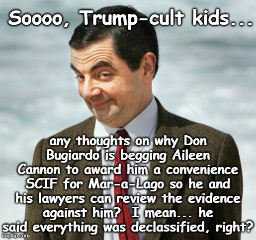 Here comes another boomerang. | Soooo, Trump-cult kids... any thoughts on why Don Bugiardo is begging Aileen Cannon to award him a convenience SCIF for Mar-a-Lago so he and his lawyers can review the evidence against him?  I mean... he said everything was declassified, right? | image tagged in mr bean,trump unfit unqualified dangerous,liar,criminal,moron | made w/ Imgflip meme maker