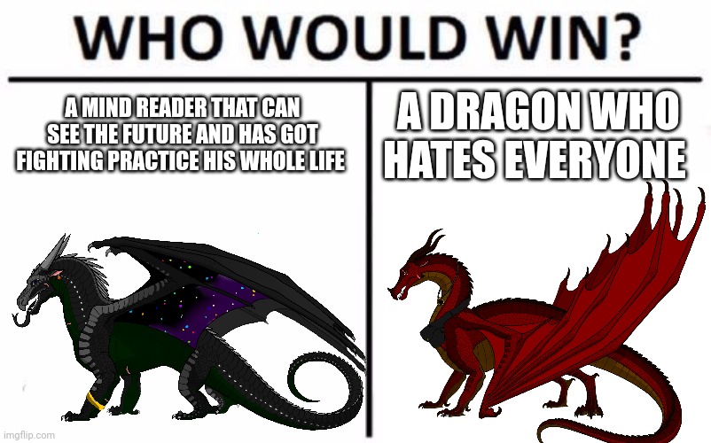 :1 | A MIND READER THAT CAN SEE THE FUTURE AND HAS GOT FIGHTING PRACTICE HIS WHOLE LIFE; A DRAGON WHO HATES EVERYONE | image tagged in memes,who would win | made w/ Imgflip meme maker