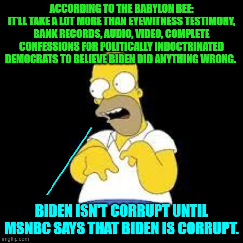 The Babylon Bee is less a Satire Site nowadays and more of a News Outlet that's accurate. | ACCORDING TO THE BABYLON BEE:
IT’LL TAKE A LOT MORE THAN EYEWITNESS TESTIMONY, BANK RECORDS, AUDIO, VIDEO, COMPLETE CONFESSIONS FOR POLITICALLY INDOCTRINATED DEMOCRATS TO BELIEVE BIDEN DID ANYTHING WRONG. ______; BIDEN ISN'T CORRUPT UNTIL MSNBC SAYS THAT BIDEN IS CORRUPT. | image tagged in look marge | made w/ Imgflip meme maker