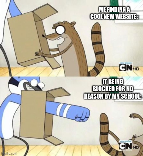 good thing Imgflip isn't blocked, right guys? | ME FINDING A COOL NEW WEBSITE :; IT BEING BLOCKED FOR NO REASON BY MY SCHOOL: | image tagged in mordecai punches rigby through a box | made w/ Imgflip meme maker