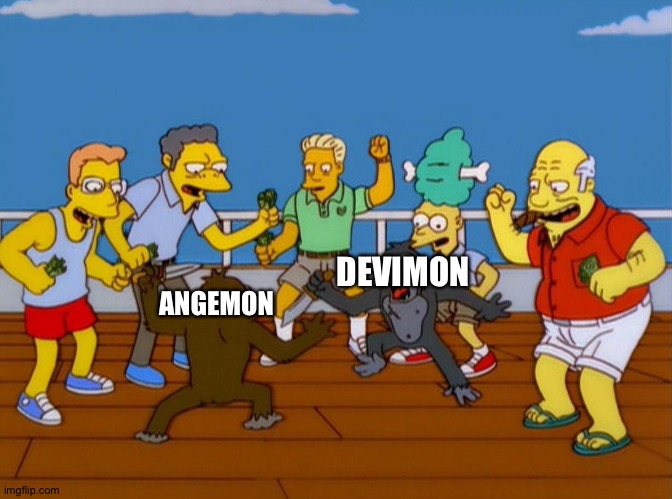 Simpsons Monkey Fight | DEVIMON; ANGEMON | image tagged in simpsons monkey fight | made w/ Imgflip meme maker