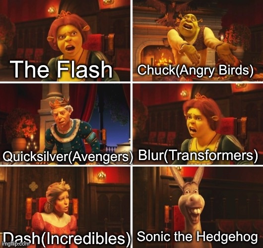 The fastest | The Flash; Chuck(Angry Birds); Quicksilver(Avengers); Blur(Transformers); Sonic the Hedgehog; Dash(Incredibles) | image tagged in shrek argument | made w/ Imgflip meme maker