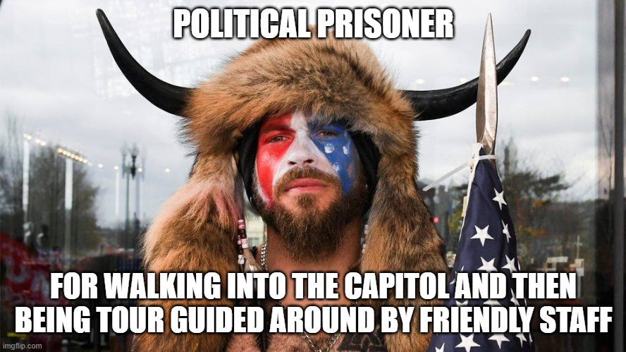 Political Prisoner | POLITICAL PRISONER; FOR WALKING INTO THE CAPITOL AND THEN BEING TOUR GUIDED AROUND BY FRIENDLY STAFF | image tagged in january 6,capitol,q-anon,political prisoner | made w/ Imgflip meme maker