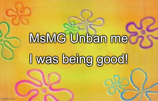 Someone still doesn’t trust me | MsMG Unban me; I was being good! | image tagged in spongebob time card background | made w/ Imgflip meme maker
