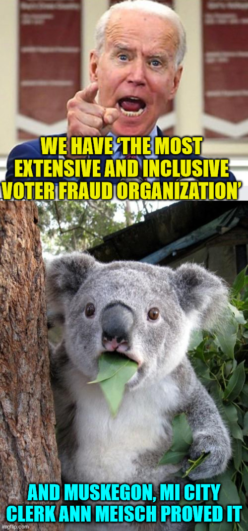 More and more evidence of the democrat's 2020 election fraud surfacing... | WE HAVE ‘THE MOST EXTENSIVE AND INCLUSIVE VOTER FRAUD ORGANIZATION’; AND MUSKEGON, MI CITY CLERK ANN MEISCH PROVED IT | image tagged in joe biden no malarkey,memes,surprised koala | made w/ Imgflip meme maker