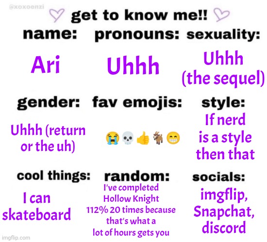 I've done this again | Uhhh; Uhhh (the sequel); Ari; If nerd is a style then that; Uhhh (return or the uh); 😭💀👍🐐😁; I can skateboard; I've completed Hollow Knight 112% 20 times because that's what a lot of hours gets you; imgflip, Snapchat, discord | image tagged in get to know me | made w/ Imgflip meme maker