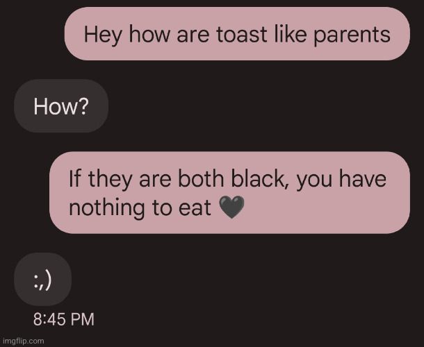 texting my friends some more... | image tagged in damnnnn you got roasted,black people,burnt toast,holy crap,racist,starvation | made w/ Imgflip meme maker
