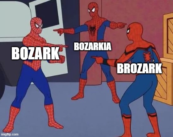 3 Spiderman Pointing | BOZARKIA; BOZARK; BROZARK | image tagged in 3 spiderman pointing | made w/ Imgflip meme maker