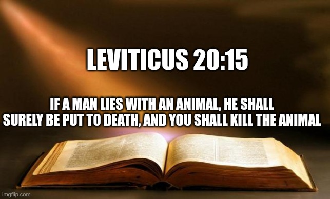 KILL FURRIES | LEVITICUS 20:15; IF A MAN LIES WITH AN ANIMAL, HE SHALL SURELY BE PUT TO DEATH, AND YOU SHALL KILL THE ANIMAL | image tagged in bible | made w/ Imgflip meme maker